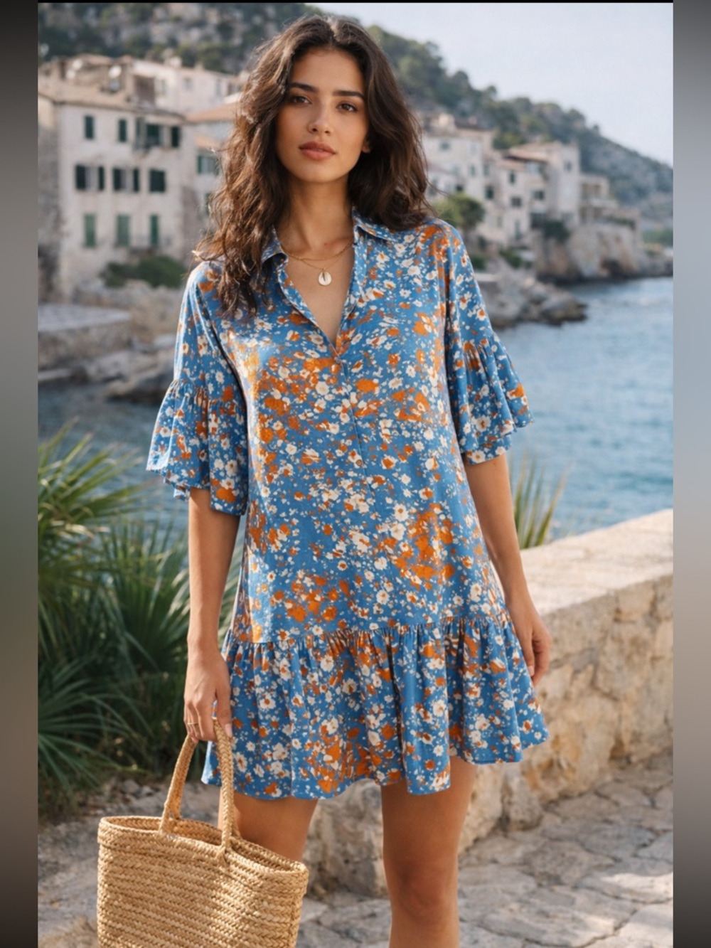 & Other Stories Blue Floral Mini Dress Ruffle Sleeve Button Front Size 2